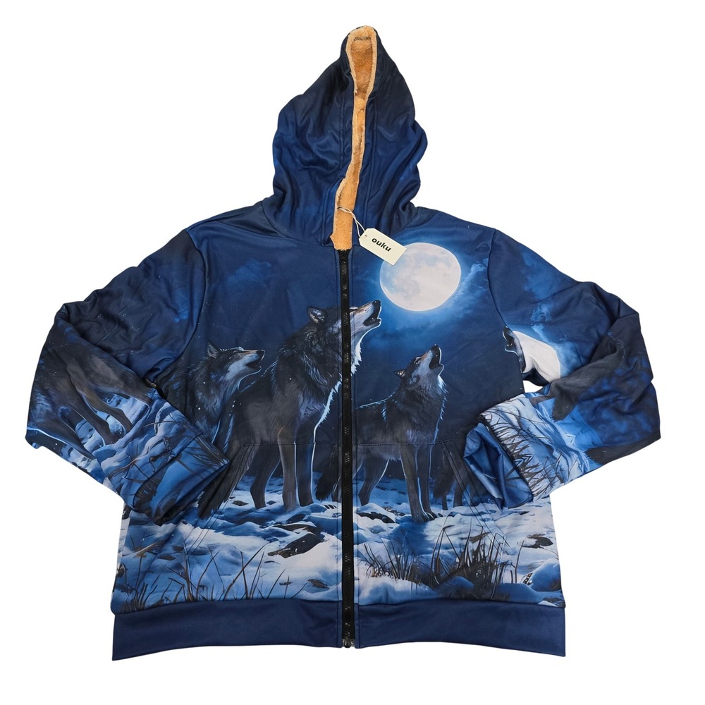 Ouku Mens XL Wolf Howling at Moon 3D‎ Graphic Zip Up Hoodie Sherpa Lined Blue